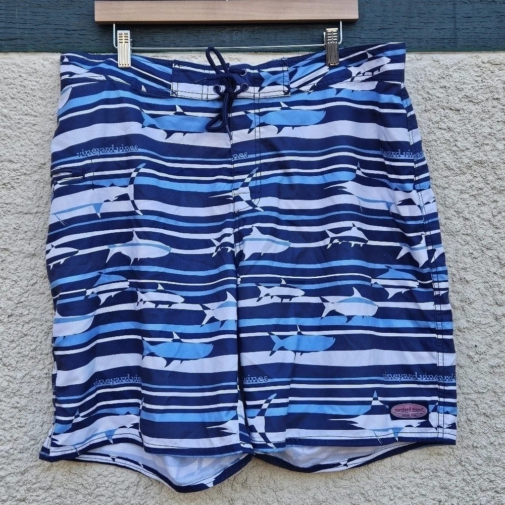 Vineyard Vines blue and white striped board shorts with fish sharks size 38